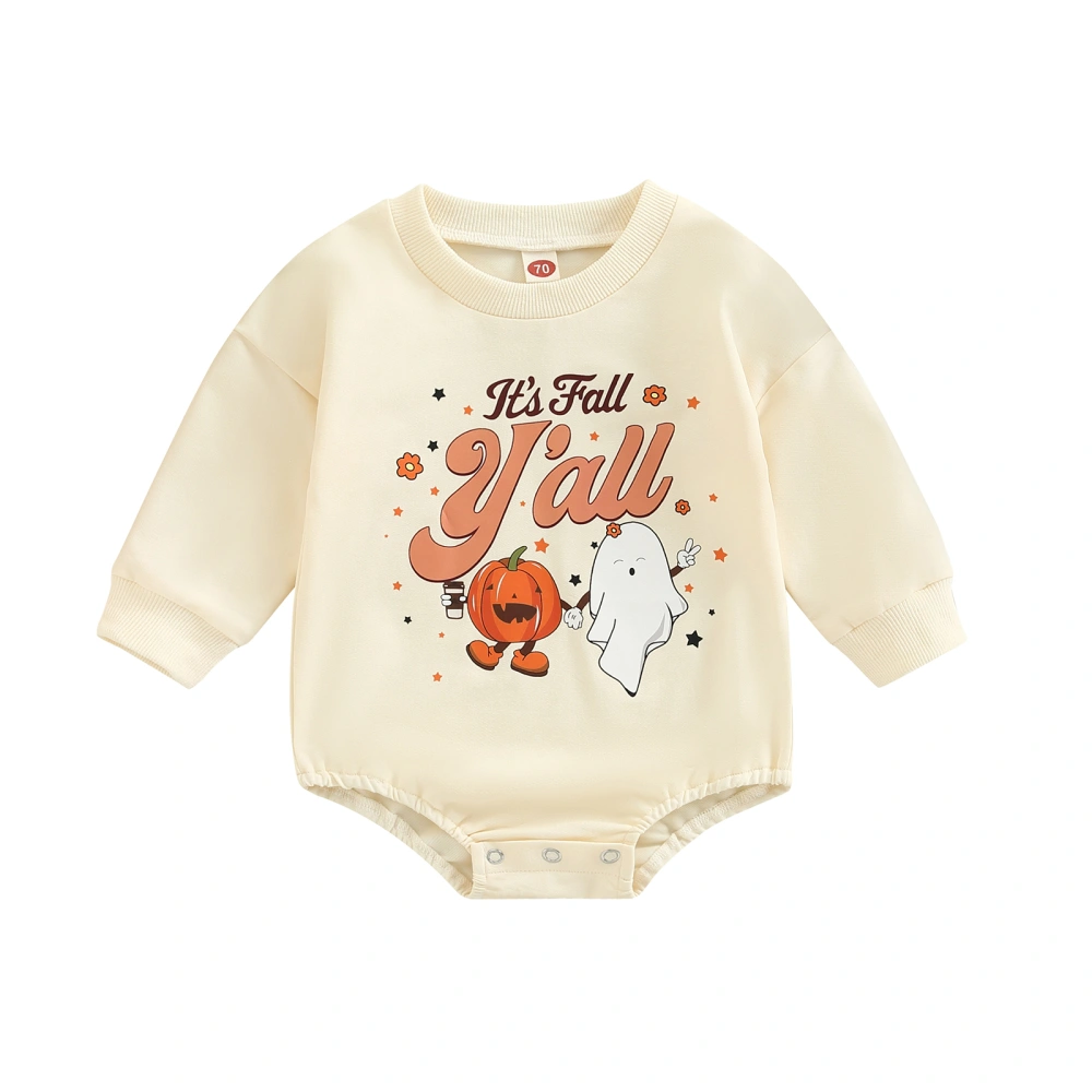 Baby Halloween Beige Long Sleeve O Neck Letter Ghost Print Romper