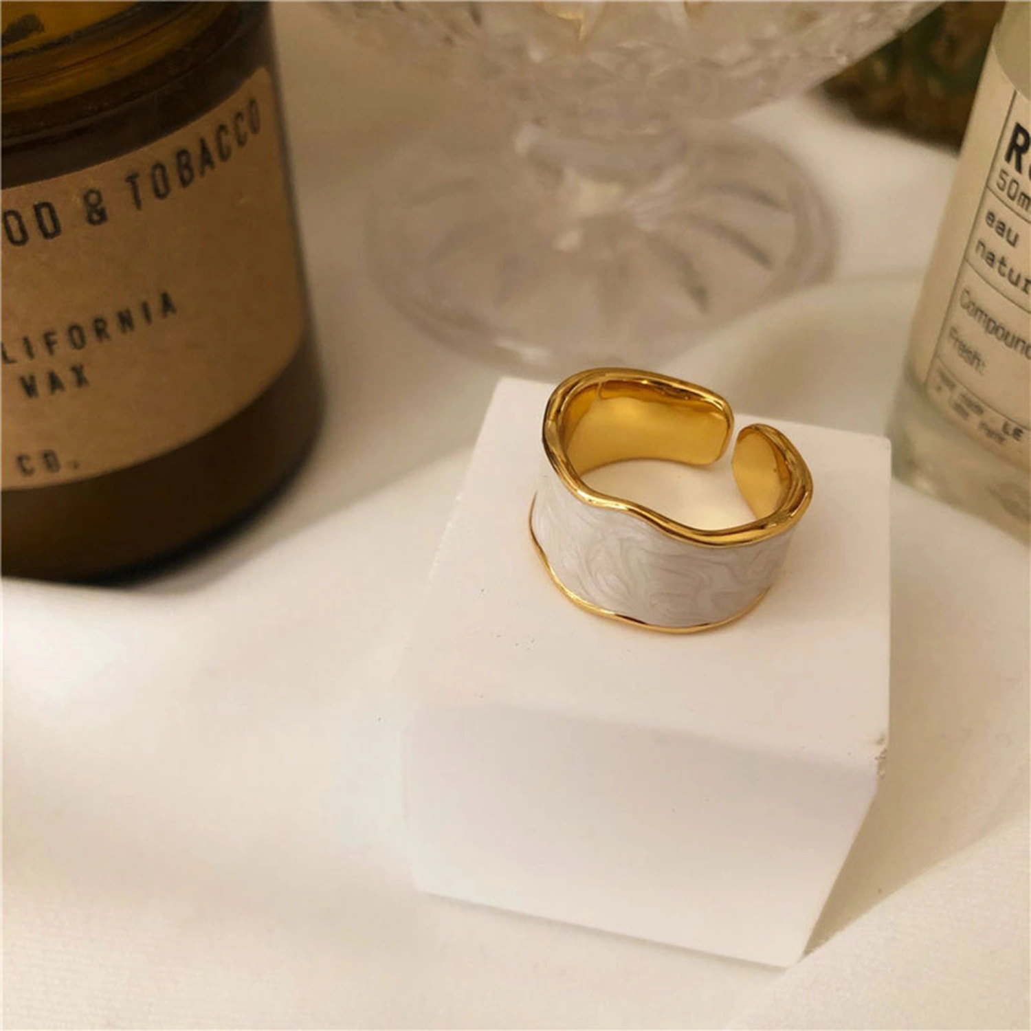 Women Wide Open Rings, Vintage Adjustable Marble Texture Glaze Rings
