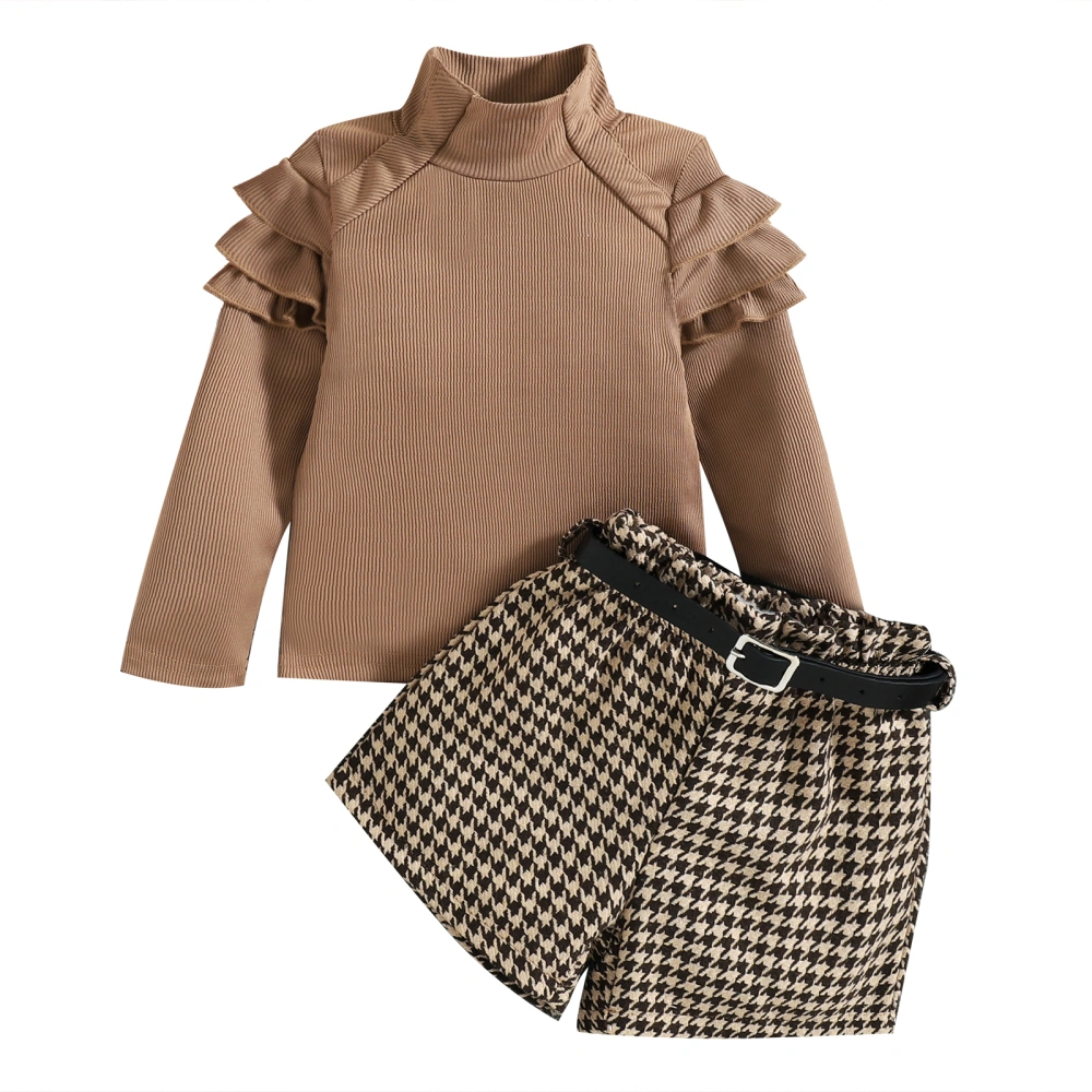 Girl Ruffled Long Sleeve Ribbed Pullover + Houndstooth Shorts + Belt