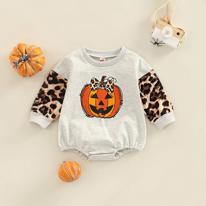 Infant Baby Girls Halloween Romper Pumpkin Leopard Print Jumpsuits