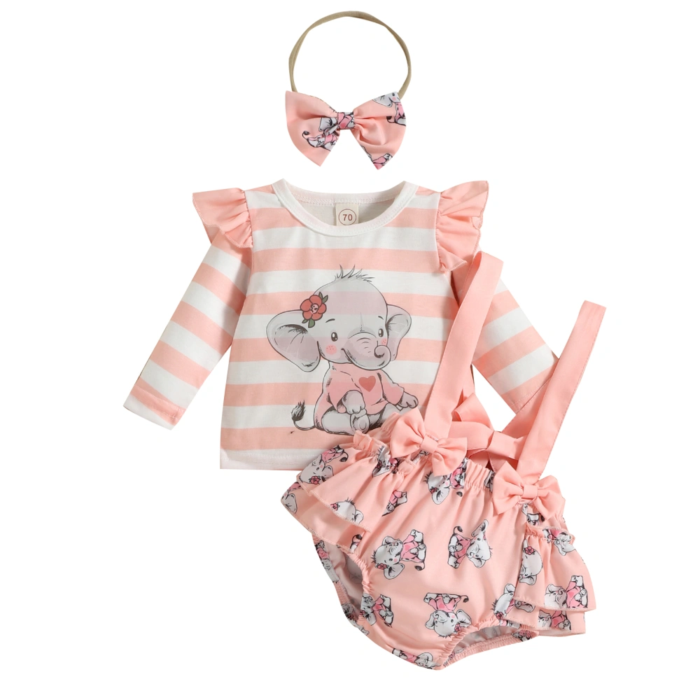 Infant Girls Suit, Stripe Elephant Tops+Suspender Shorts+Headband