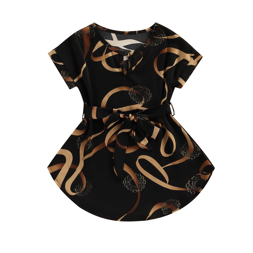 Girls Casual Dress, Short Sleeve V-Neck Printed Dress with Belt