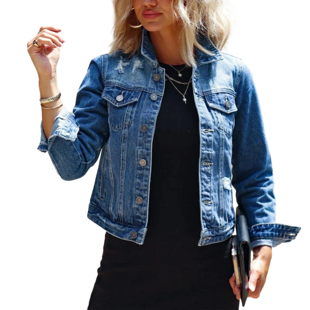 Women's Spring Blue Long Sleeve Button Down Cropped Jean Jackets