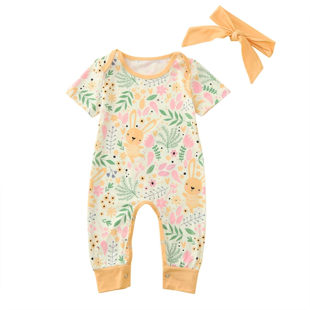 Baby Girl Outfits, Cartoon Rabbit Plant Print Jumpsuit with Headband 