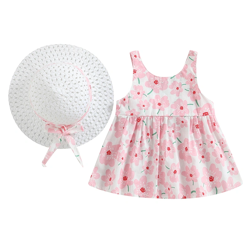 Baby Girls Dress Bow Floral Print Sleeveless A-line Dress with Sun Hat