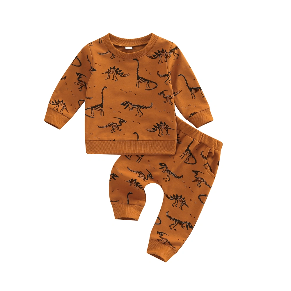 Baby Dinosaurs Print Set, Full Sleeve O-Neck Tops + Pockets Pants