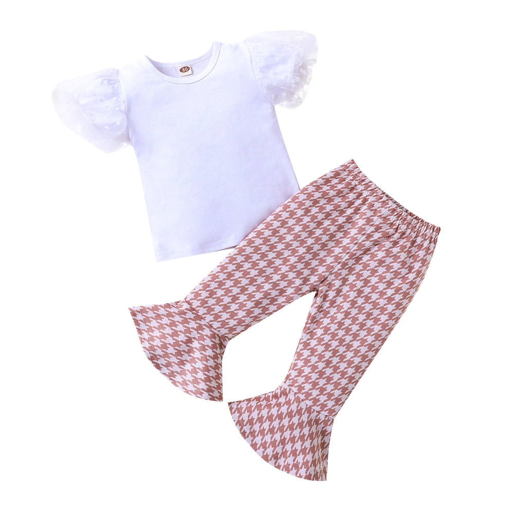 Girls Two-Piece Clothes Outfit, Short Sleeve T-Shirt + Plaid Pants