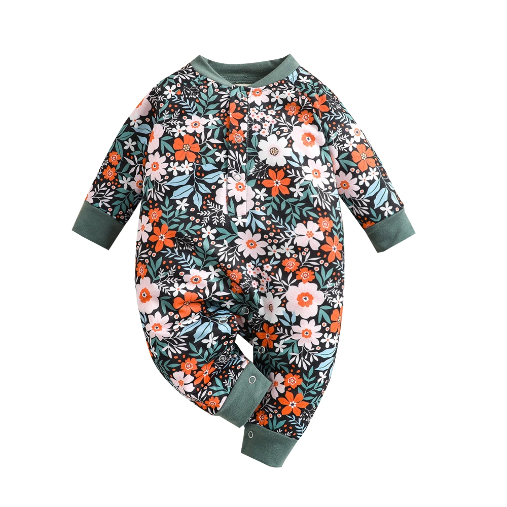 Baby Girls Long Sleeve Romper, Floral Print Round Collar Jumpsuit