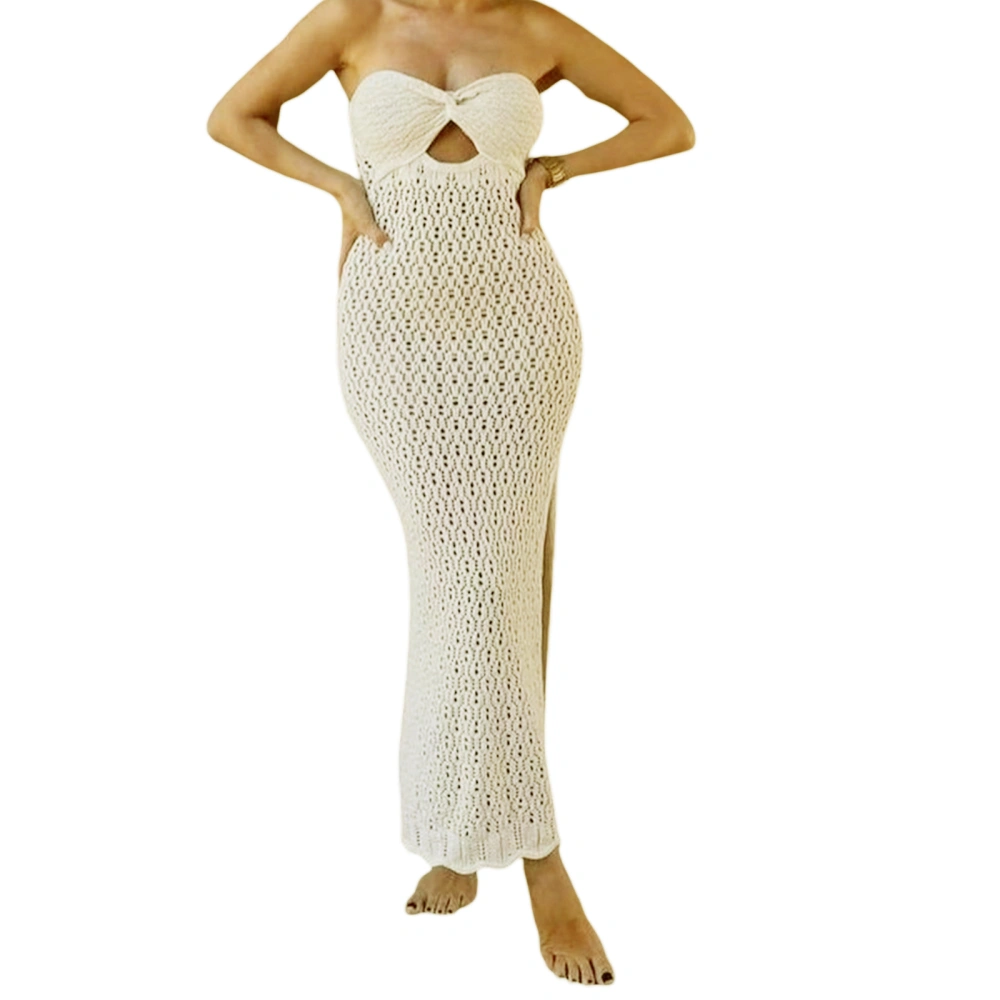 Women Strapless Long Dress Twisted Cutout Knitted Split Party Dress 