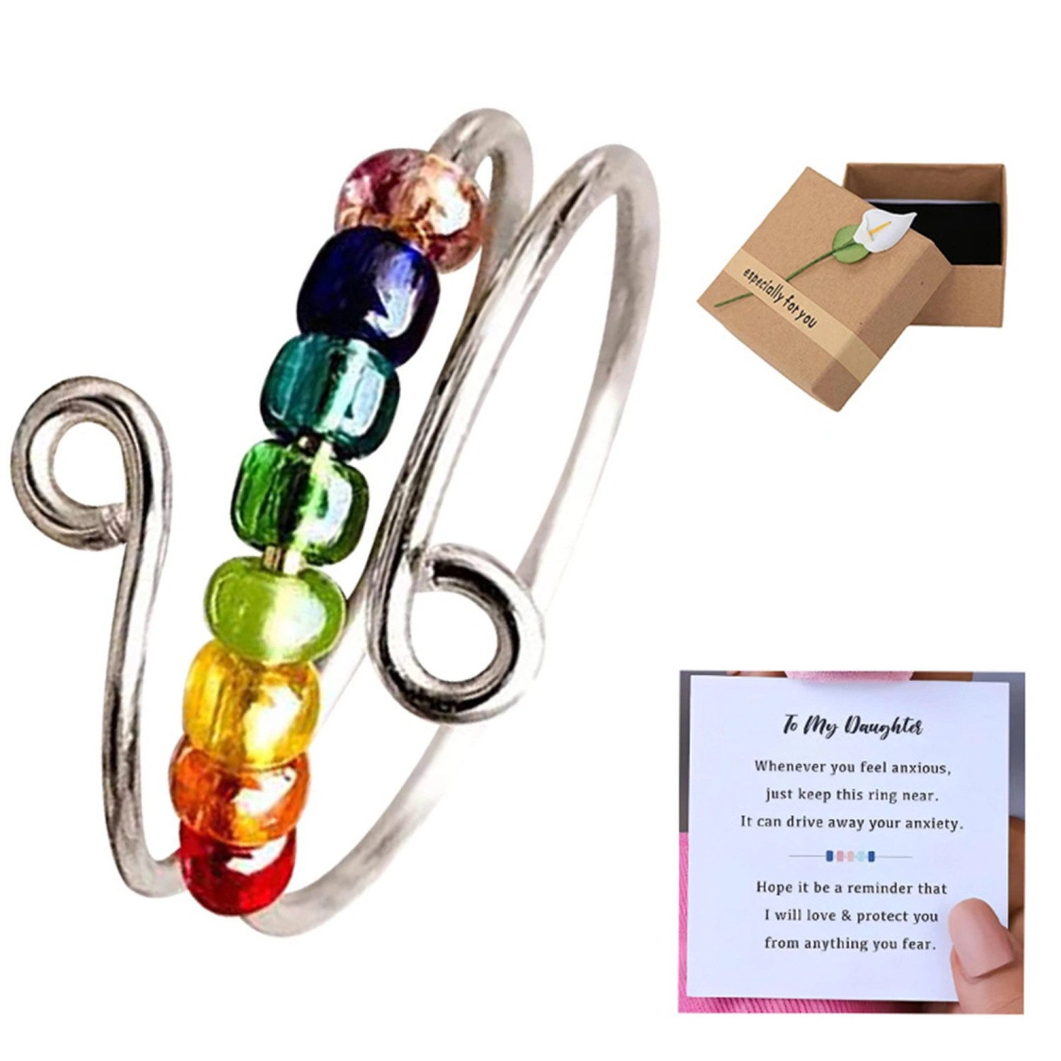 Women Silver Wearable Rings for Anxiety, Rotating Beads Fidget Ring