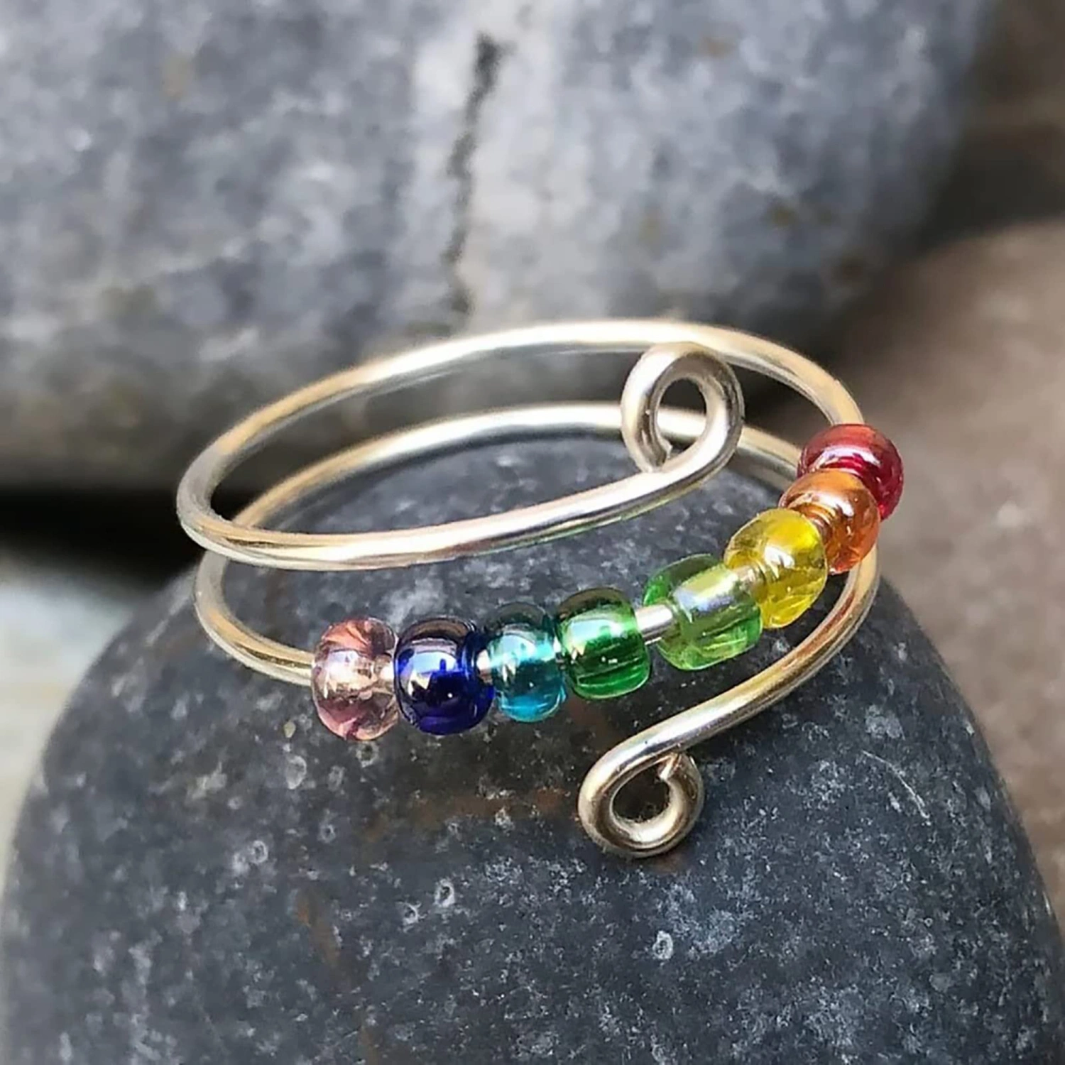Women Silver Wearable Rings for Anxiety, Rotating Beads Fidget Ring