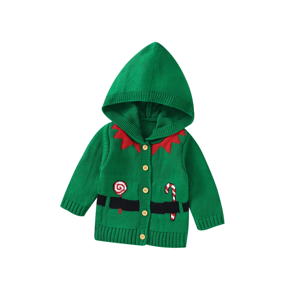 Baby Boys Girls Green Long Sleeve Cane Print Button Knitted Hoodie