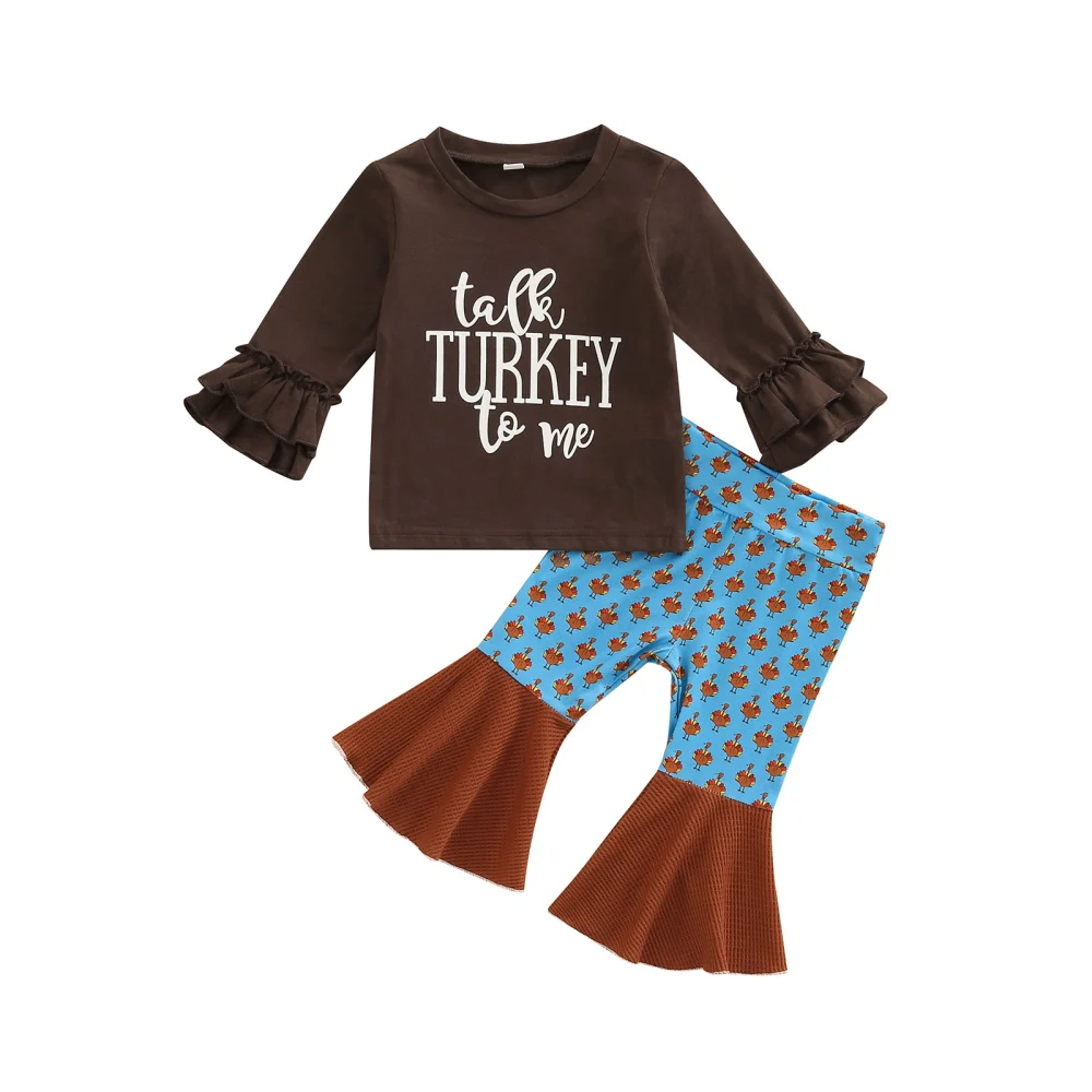 Girl Thanksgiving Day Outfits, Tops and Patchwork Flare Pants Set