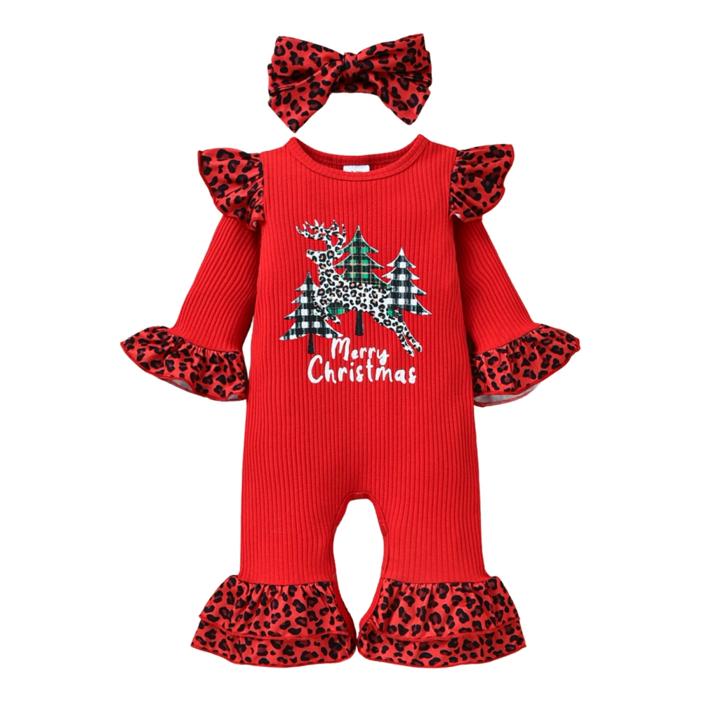 Christmas Baby Girls Outfit, Long Sleeve Round Collar Romper, Headwear