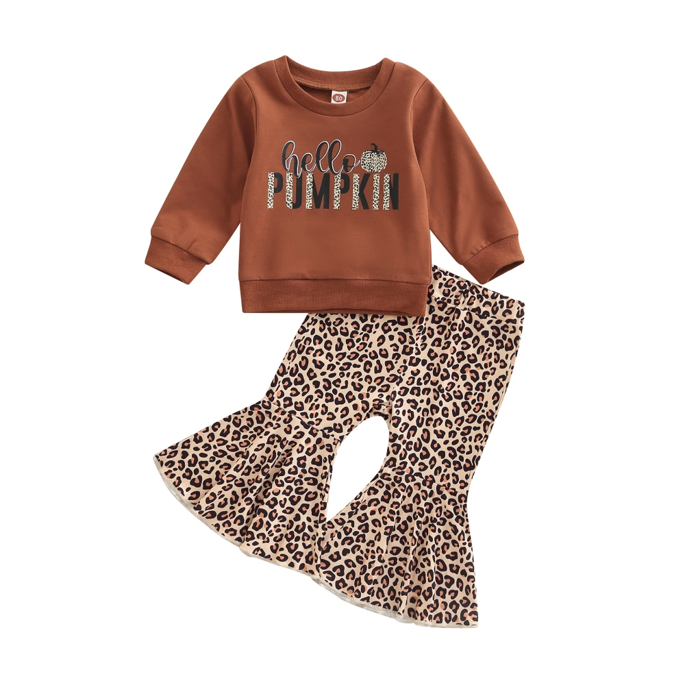 Kid Girls Long Sleeve Round Neck Tops + Leopard Bell-Bottoms Trousers 