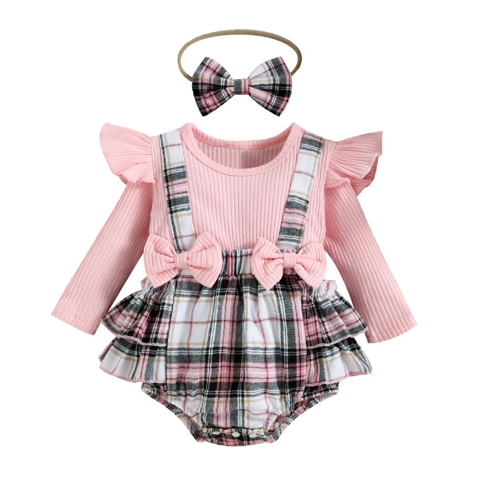 Baby Girl Plaid Ruffle Knitting Loose Button Romper+ Headband  