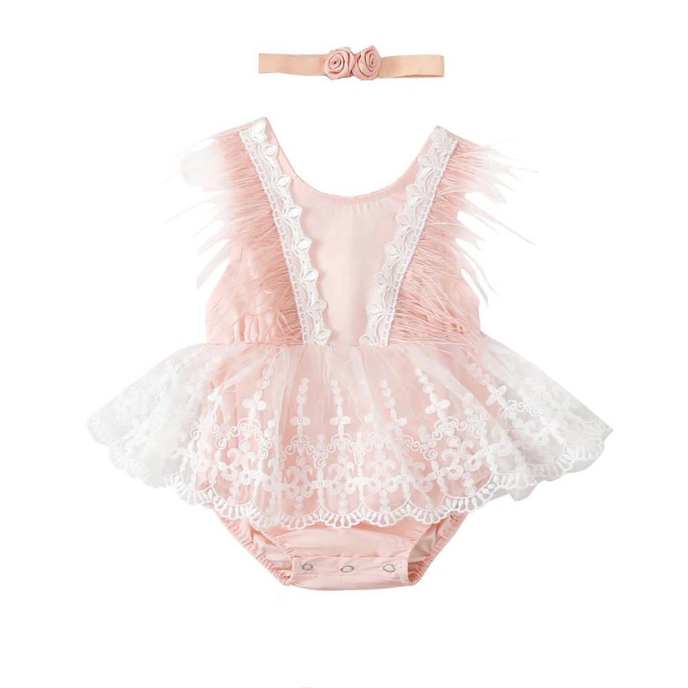 Tie-up Sleeveless Feather Lace Patchwork Bodysuit + Flower Headband