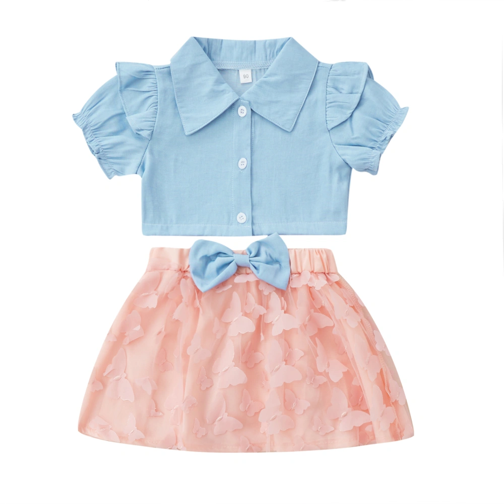 Kid Girl Outfits Set Lapel Short Sleeve Shirt Butterfly Mesh Skirt