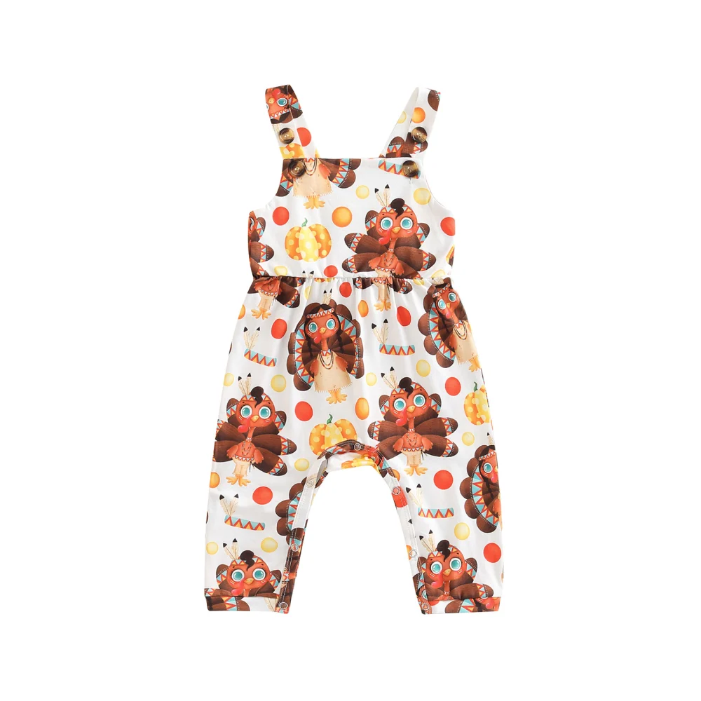 Baby Thanksgiving Overalls, Sleeveless Cartoon Turkey Print Jumpsuit