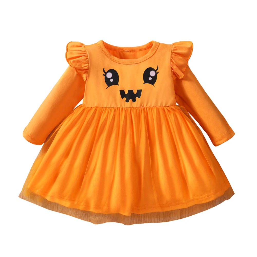 Baby Girl Dress Long Sleeve Round Neck Cartoon Smile Print Dress 