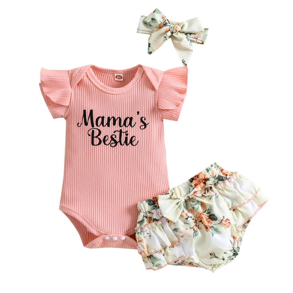 Baby Jumpsuit Ribbed Letter Romper + Printed Ruffle Shorts + Headband