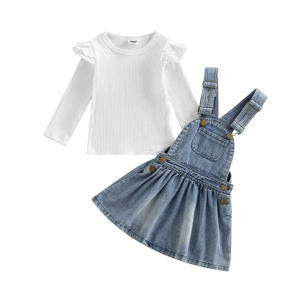 Girl Skirt Ruffle Knit Shirt + Denim A-Lined Suspender Dress, White 