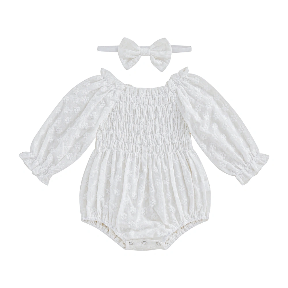 Baby Lace Floral Ruffled Collar Long Puff Sleeve Romper+ Headband