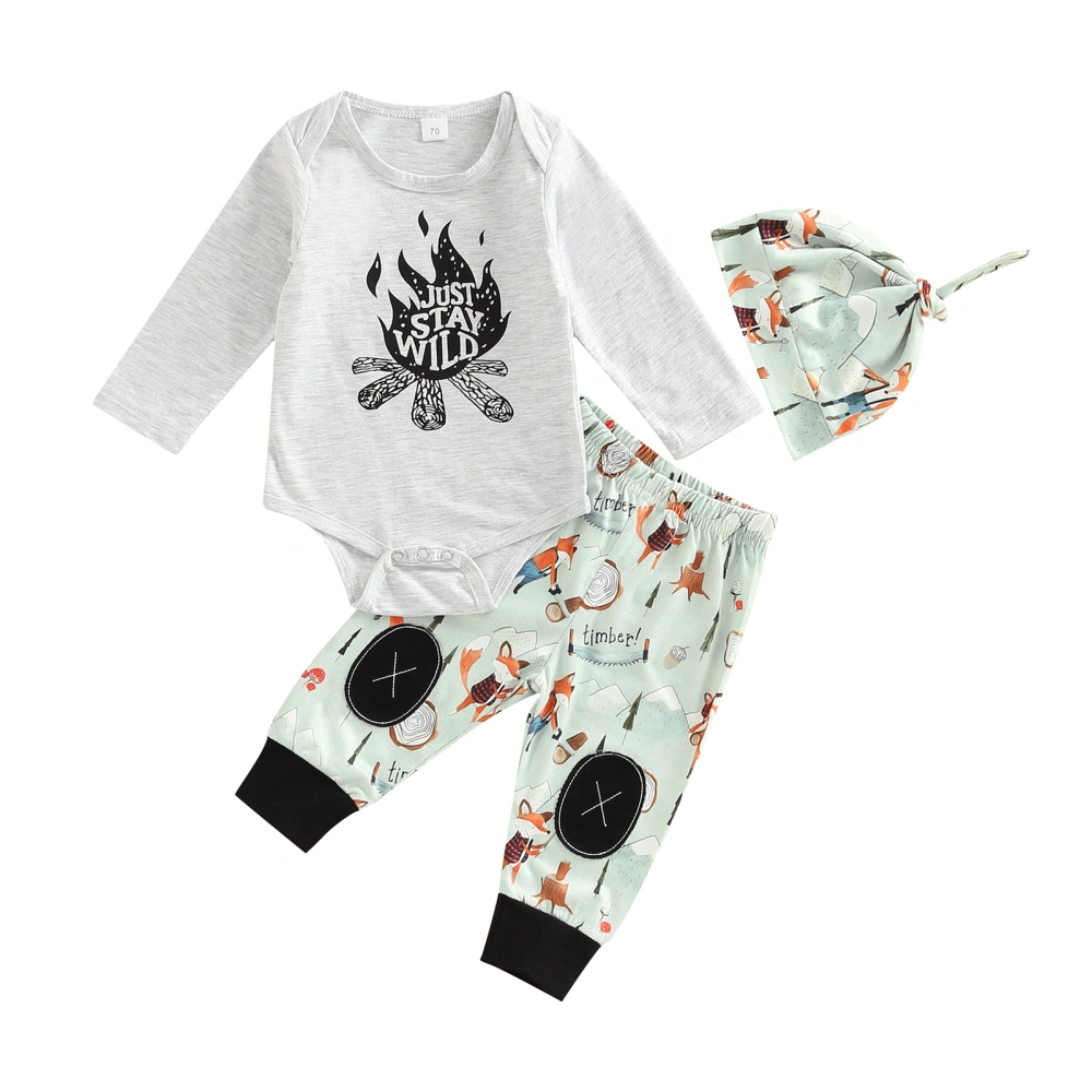 Infant Boys Long Sleeve Romper, Cartoon Fox Printing Pants and Cap