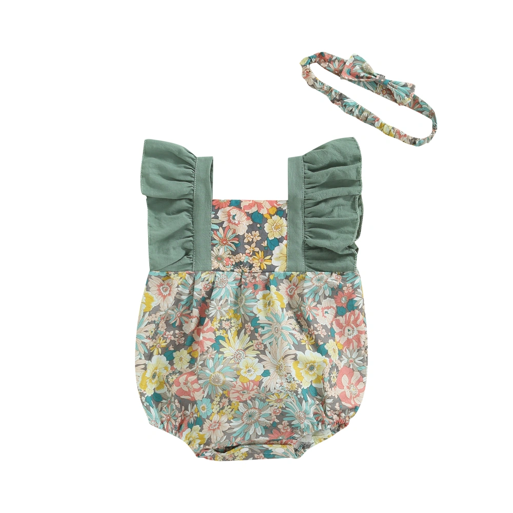 Infant Girl Romper Floral Print Patchwork Ruffle Sleeveless Jumpsuit