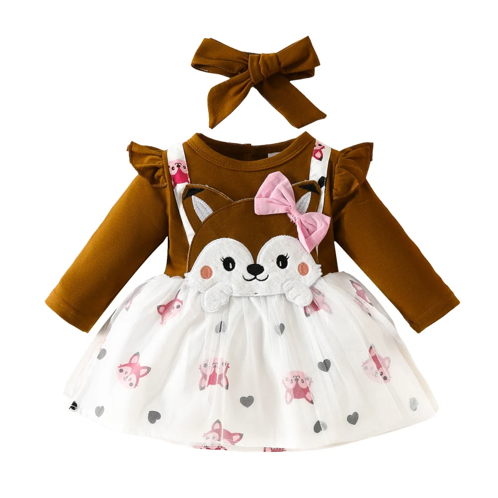 Baby Girls Dress Fox Embroidery Pattern Fall Dress with Headband