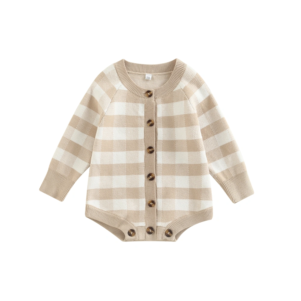 Baby Knit Romper, Long Sleeve Round Neck Plaid Print Bodysuit