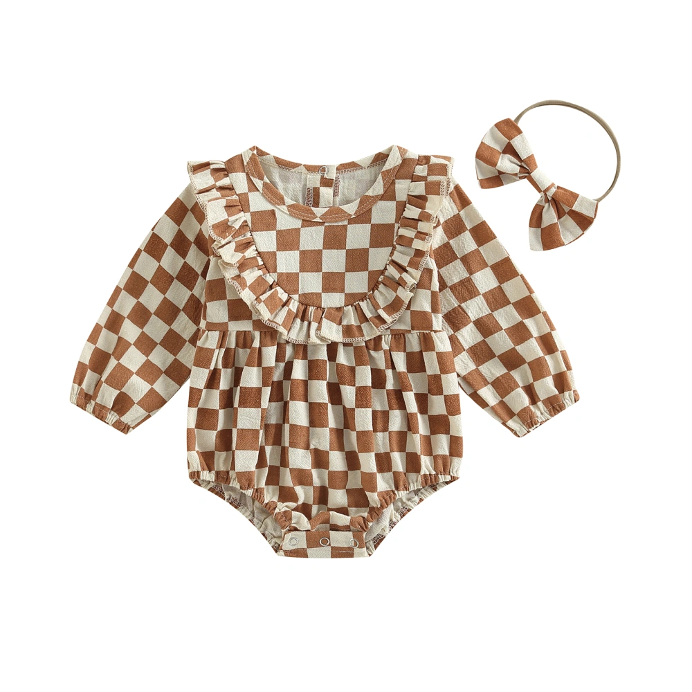 Baby Girl Checkerboard Print Long Sleeve Jumpsuit + Headband/Dress