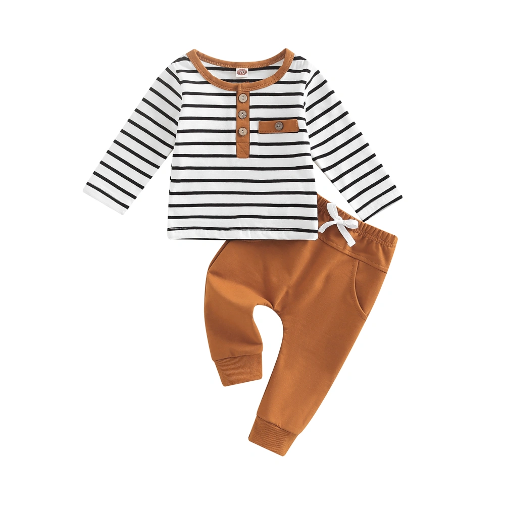 Baby 2 Pieces Outfits, Stripe Round Neck Buttons T-Shirts + Long Pant