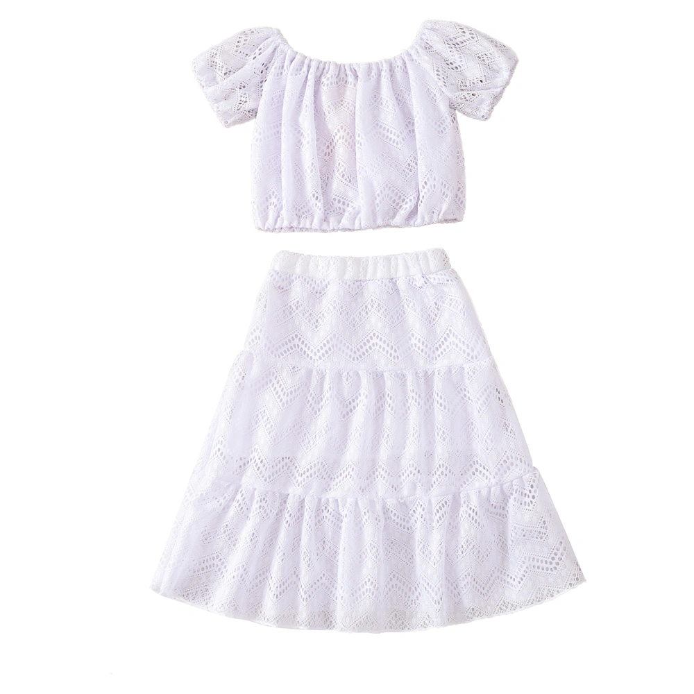 Kids Girls 2 Pieces Outfits, Boat-Neck Lace Cutout Tops + Skirt