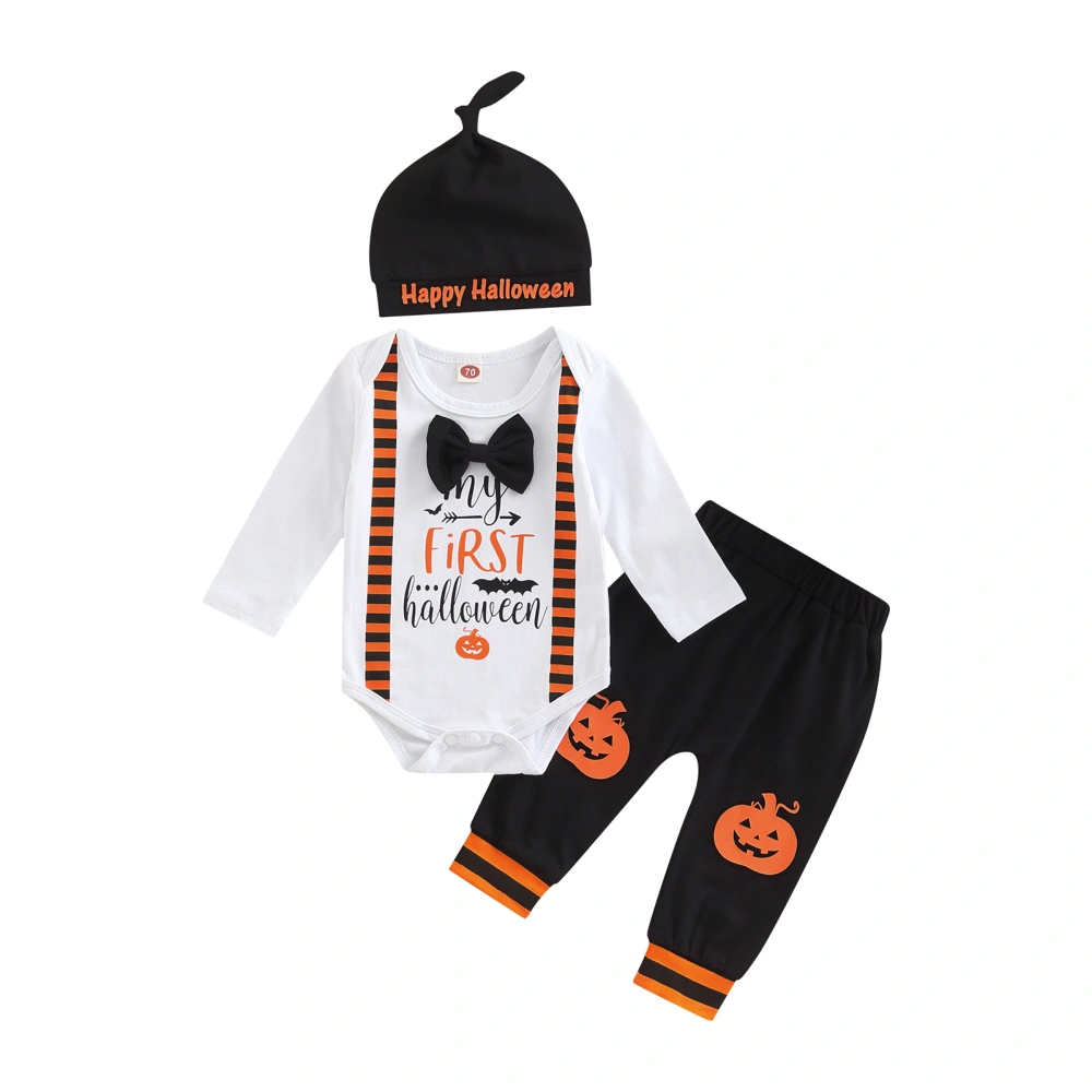 Boys Halloween Pants Set, Letters Print Romper + Pumpkin Pants + Hat