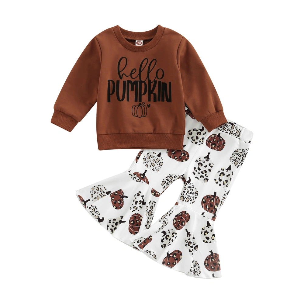 Girls Brown Long Sleeve Letter Pullover + Pumpkin Print Flared Pants