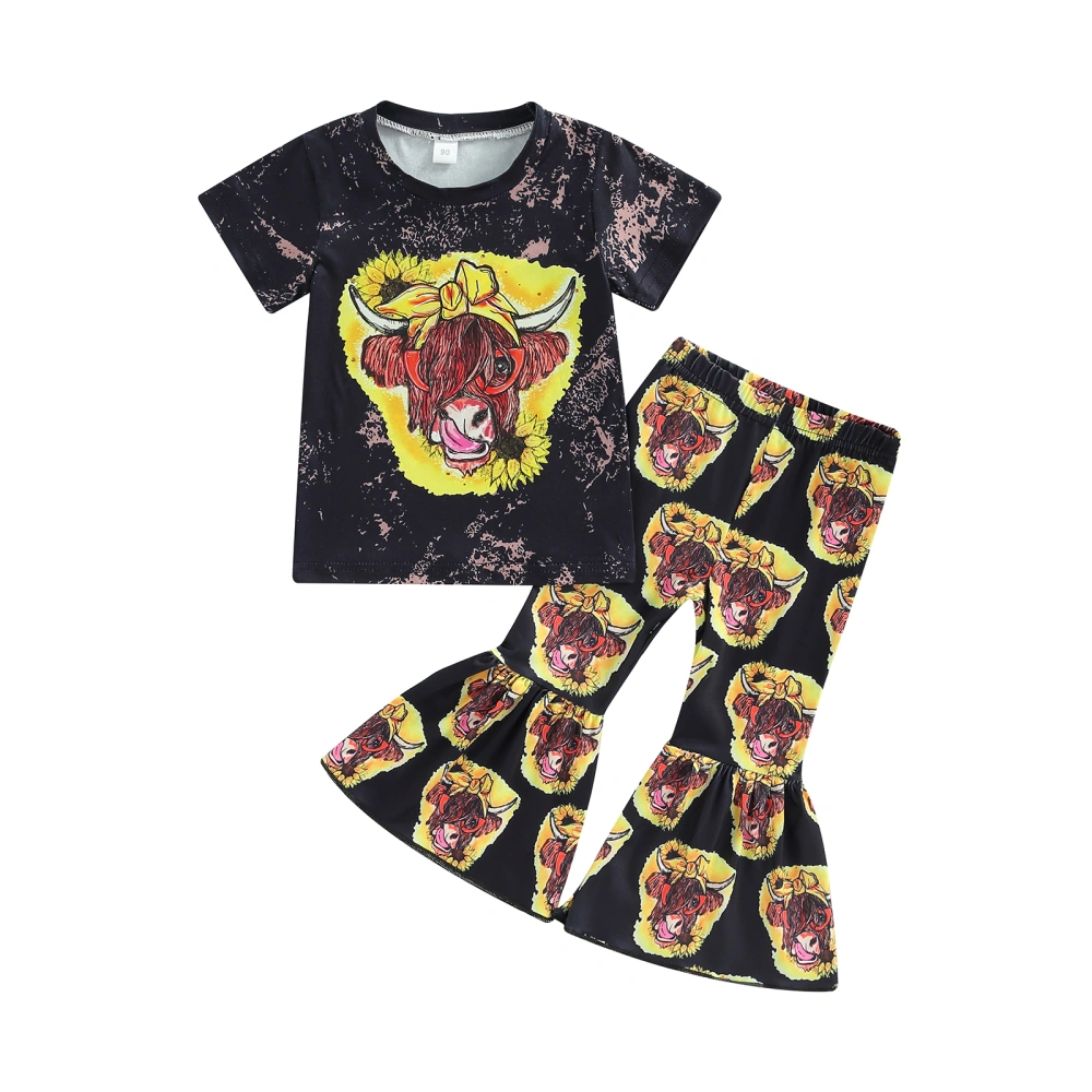 Girls Two Pieces Clothes, Cattle Printed T-Shirt and Flare Pants