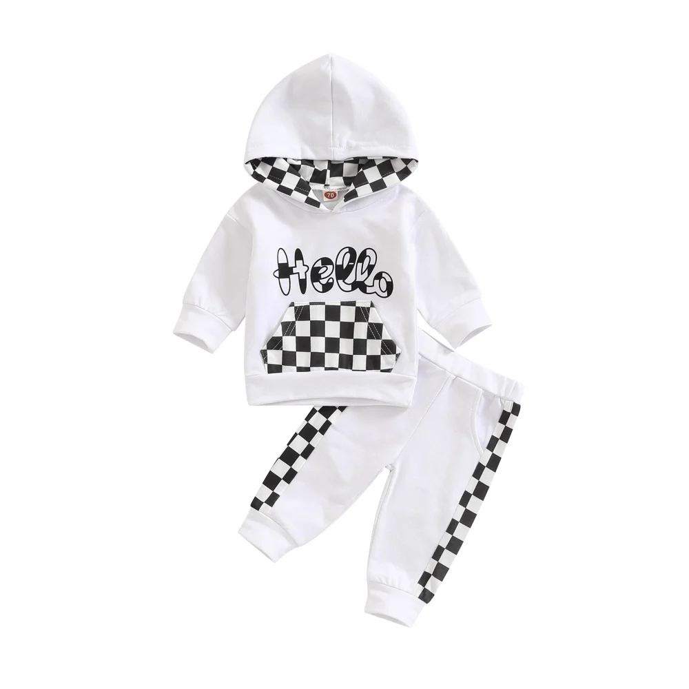 Baby Long Pants Suits, Plaid Long Sleeve Hoodie + Pockets Pants Set