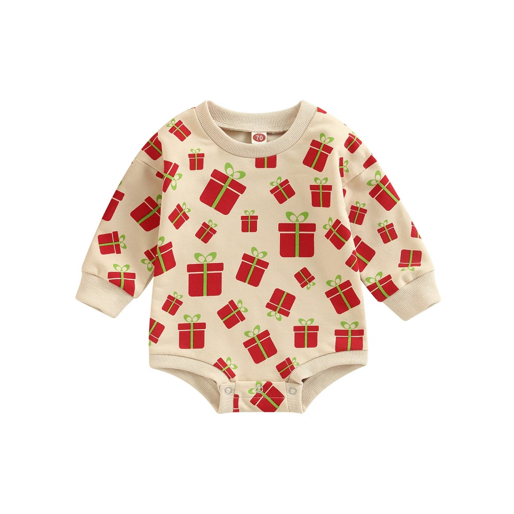 Baby Romper, Christmas Gift Box Print Round Neck Long Sleeve Bodysuit