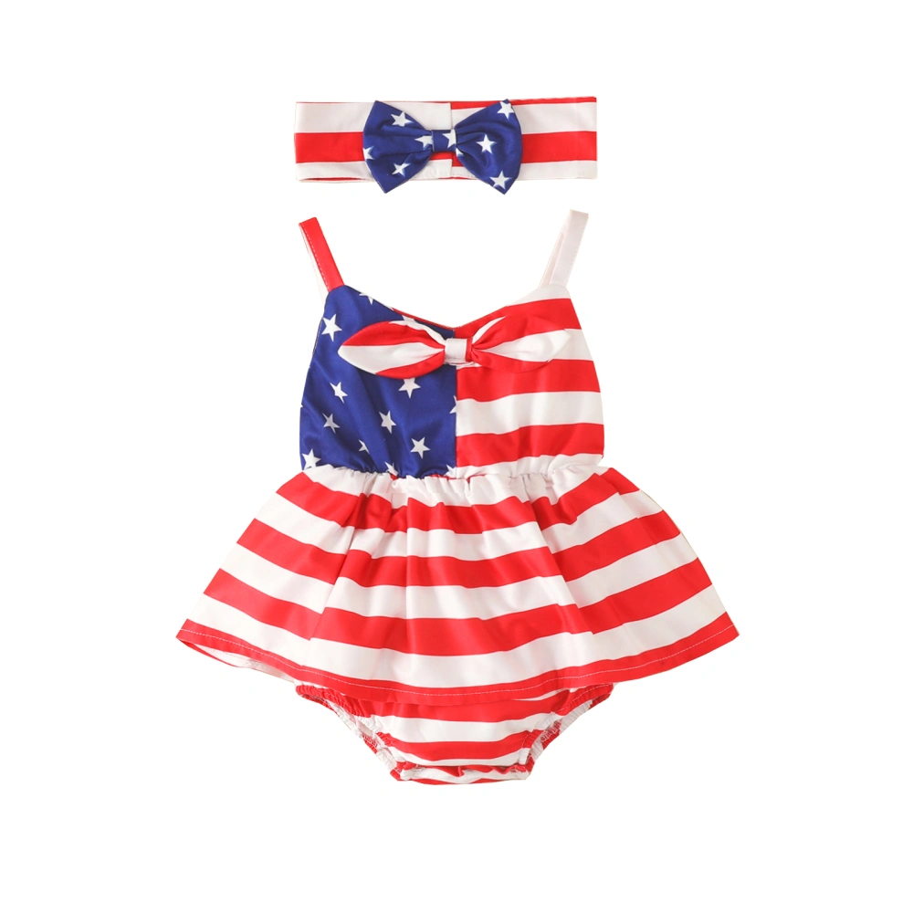 Girls V-neck Sleeveless Stripe and Star Print Romper and Headdress