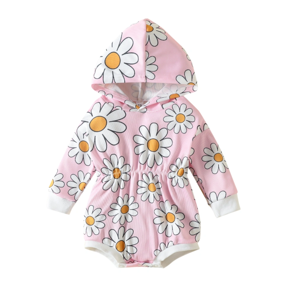 Baby Hooded Romper, Long Sleeve Elastic Waist Daisy Print Bodysuit