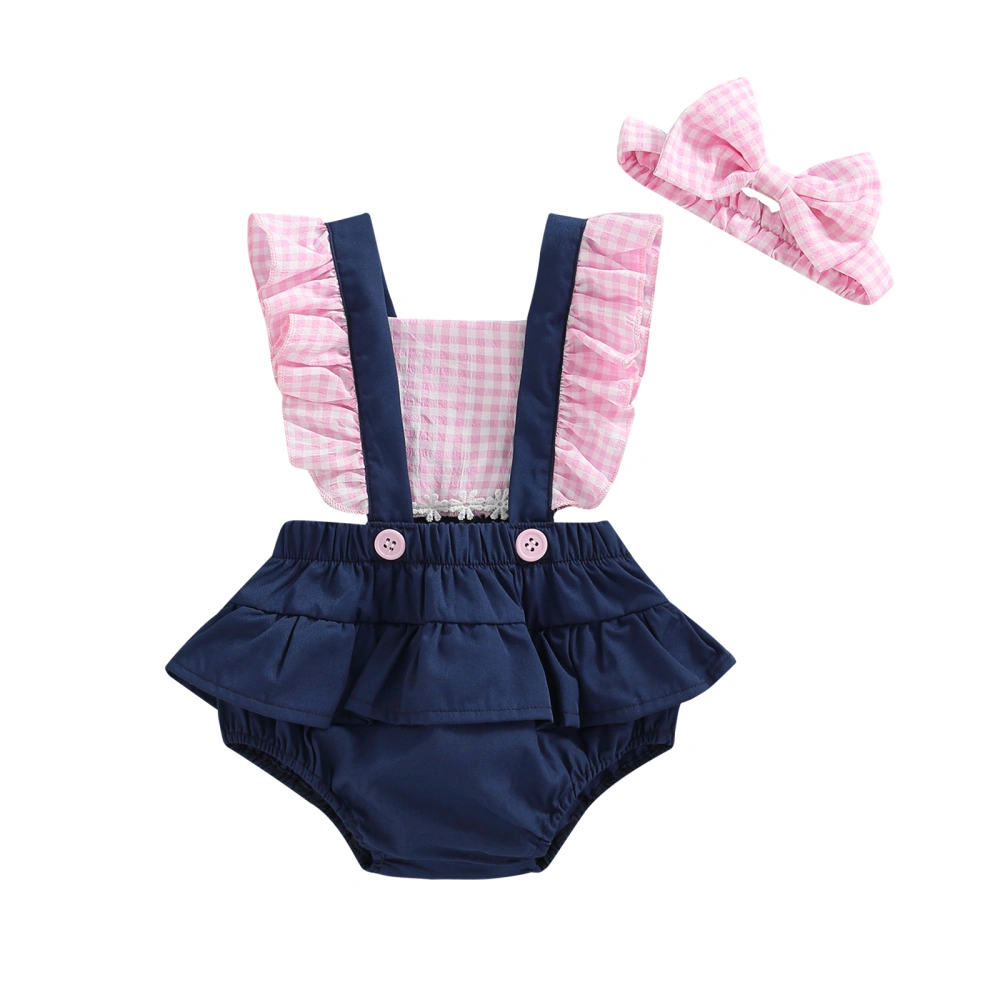 Baby Girl Summer Romper Plaid Ruffled Flying Sleeves Jumpsuit+Headband