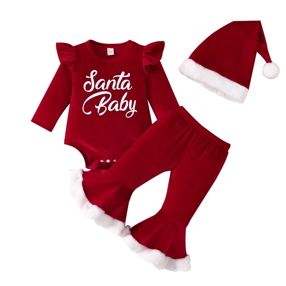 Infant Girl Christmas Long Sleeve Letters Jumpsuit + Flare Pants + Hat