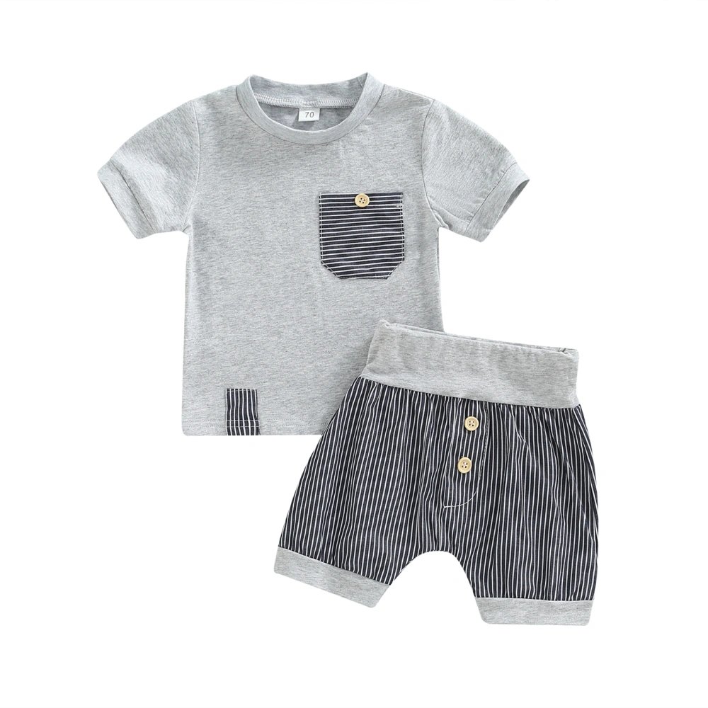 Baby Shorts Short Sleeve Crew Neck Pocket Tops + Striped Shorts