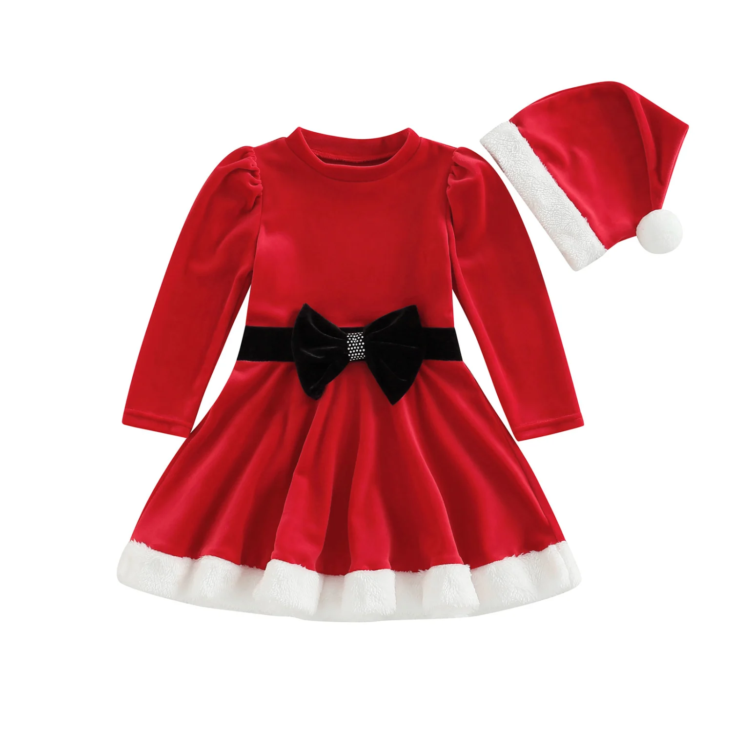 Toddler Kids Girls Christmas Dress Patchwork Velvet Dress with Hat