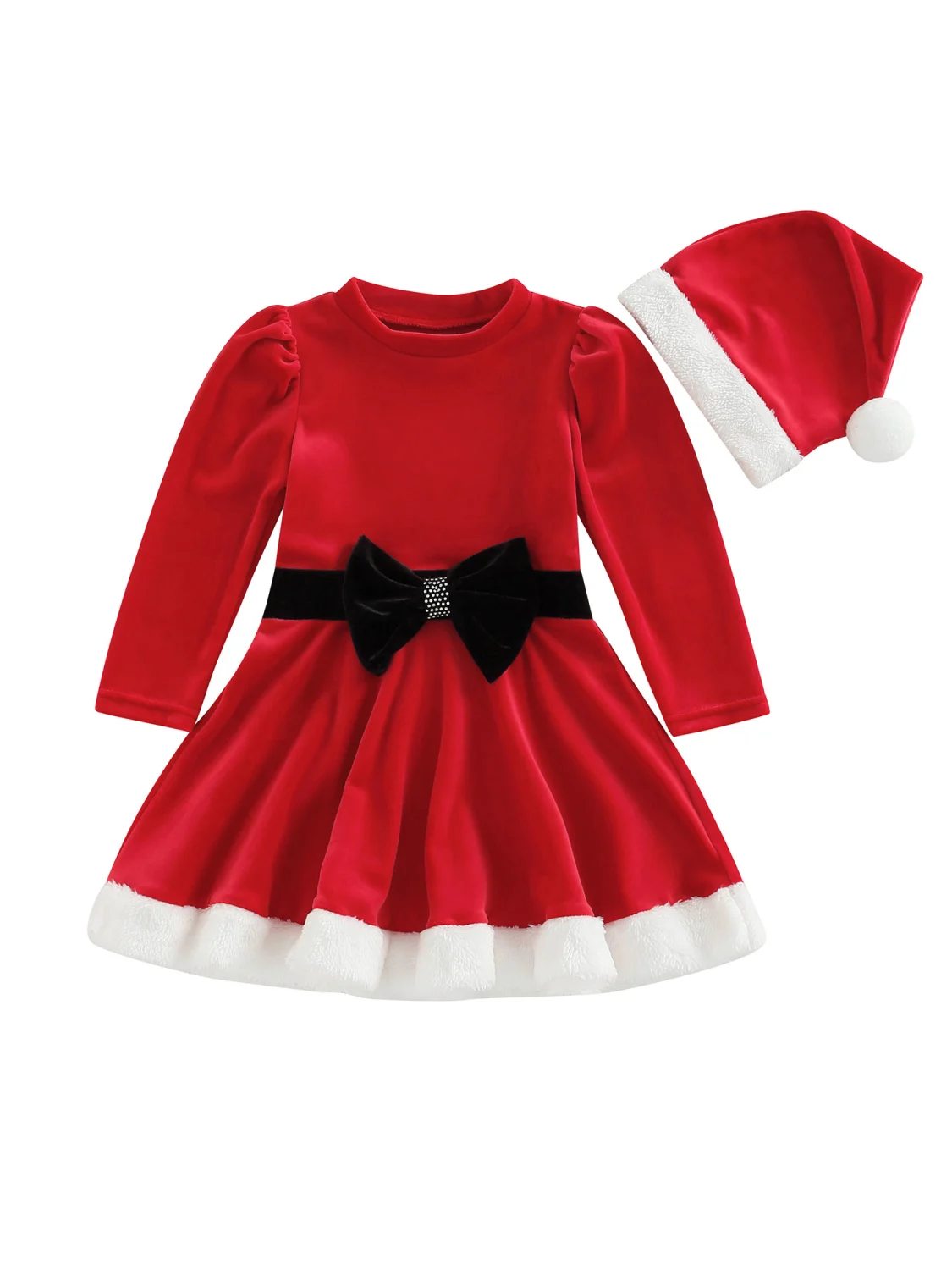 Toddler Kids Girls Christmas Dress Patchwork Velvet Dress with Hat