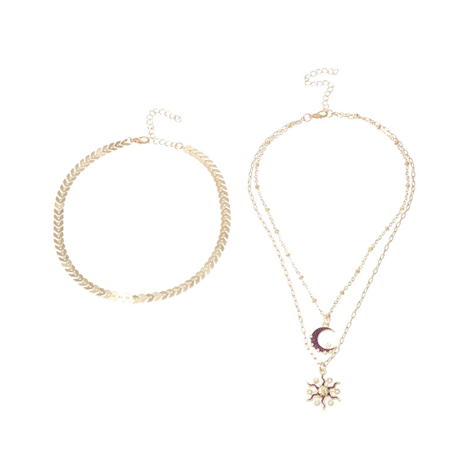 Ladies Double Layer Necklaces Set, Sun Moon Pendant Clavicle Chain