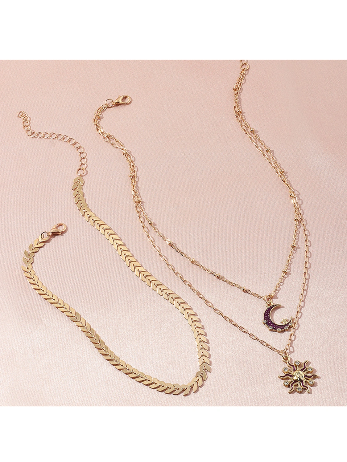 Ladies Double Layer Necklaces Set, Sun Moon Pendant Clavicle Chain