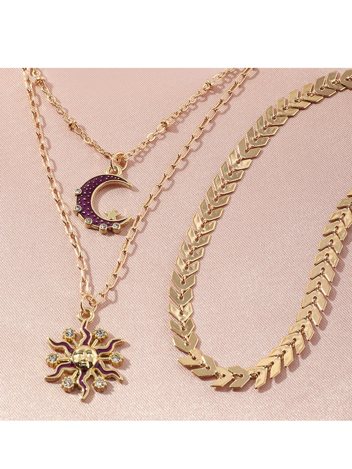 Ladies Double Layer Necklaces Set, Sun Moon Pendant Clavicle Chain