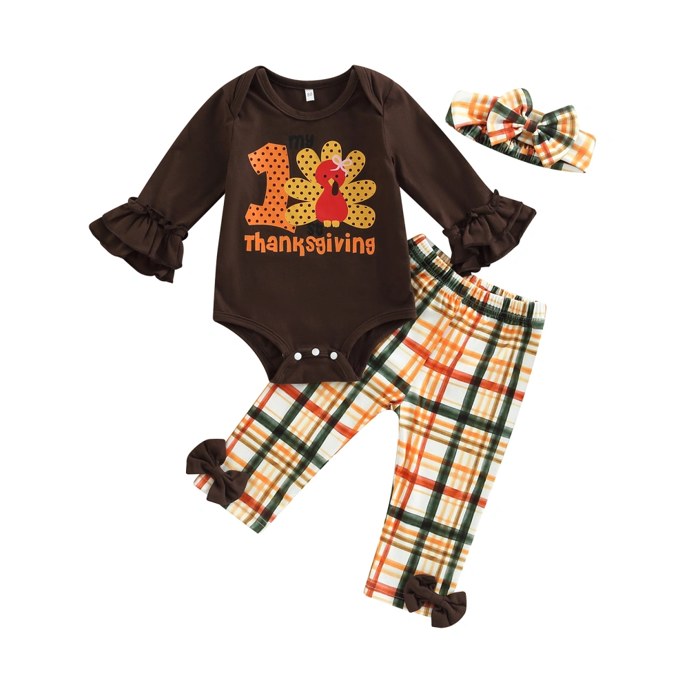 Baby Girl 3Pcs Thanksgiving Outfit, Romper + Plaid Pants + Headband